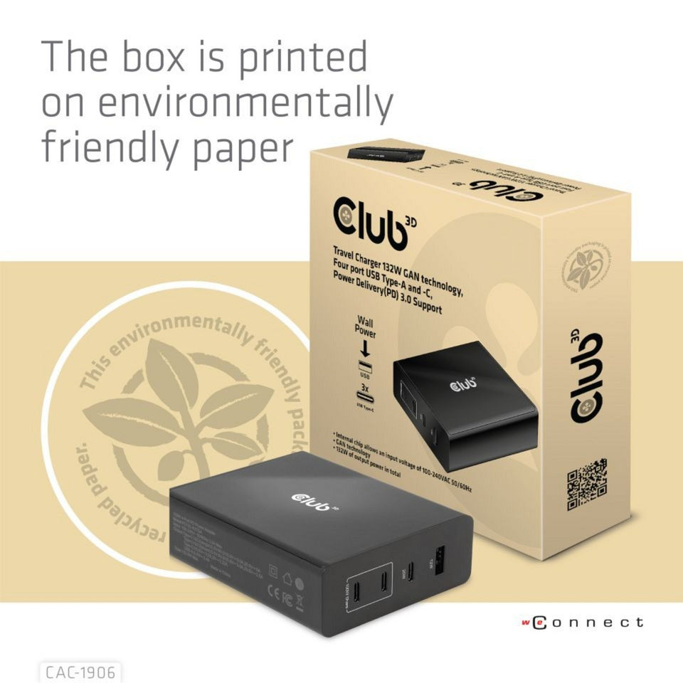 Club 3d travel charger 132w gan technology (zwart, usb-a, usb-c, power delivery (pd) 3.0)