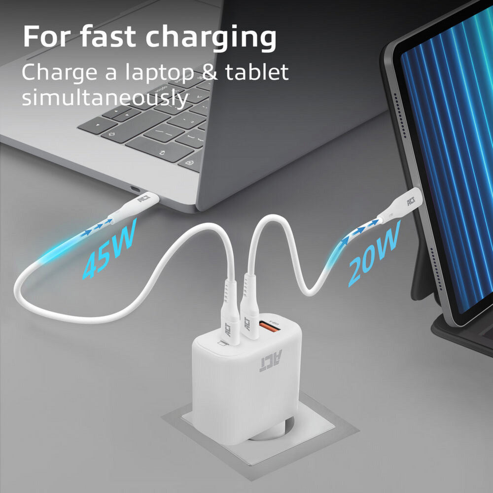 Act connectivity usb-c usb-a lader 65w 3-poorts met power delivery pps, quickcharge en ganfast (wit)