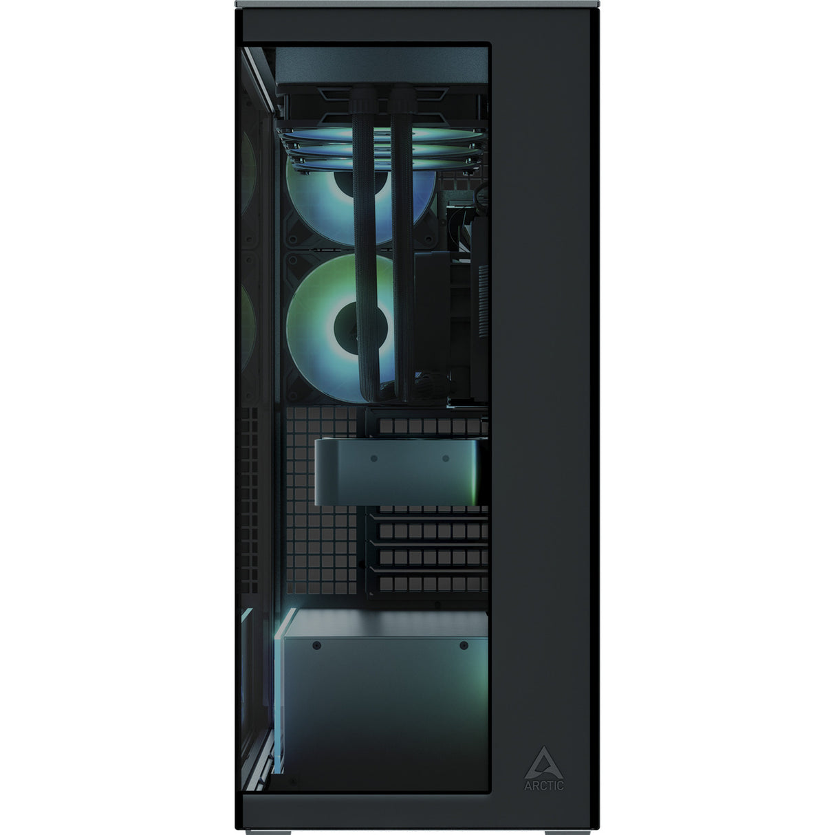 Arctic xtender midi tower behuizing (zwart (mat) | 2x usb-a | 1x usb-c | rgb | tempered glass)