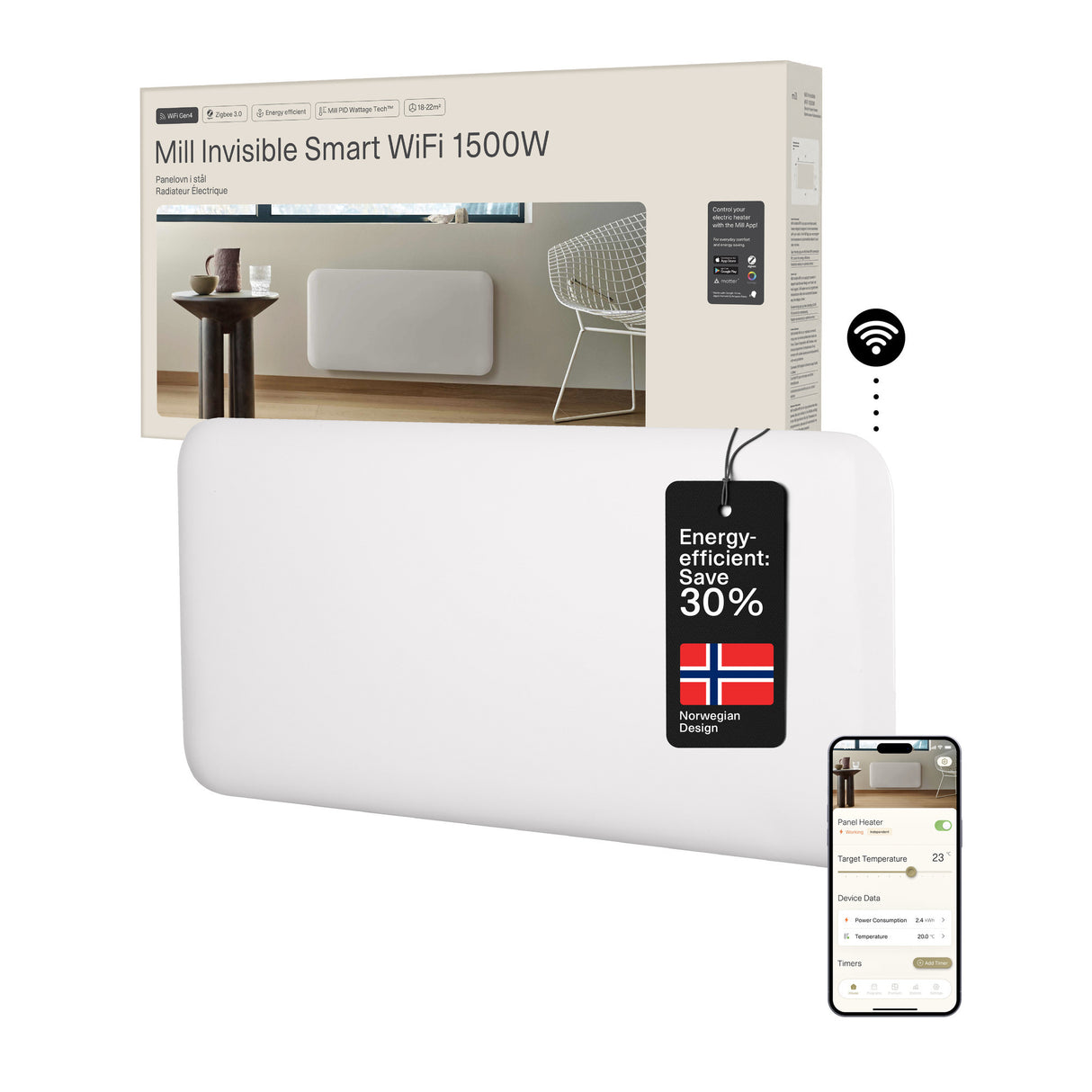 Mill steel wifi paneelverwarming pa1500wifi4a, 1500 watt convector (wit, wifi 2,4 ghz (wifi 6), bluetooth 5.2, zigbee 3.0 + app)