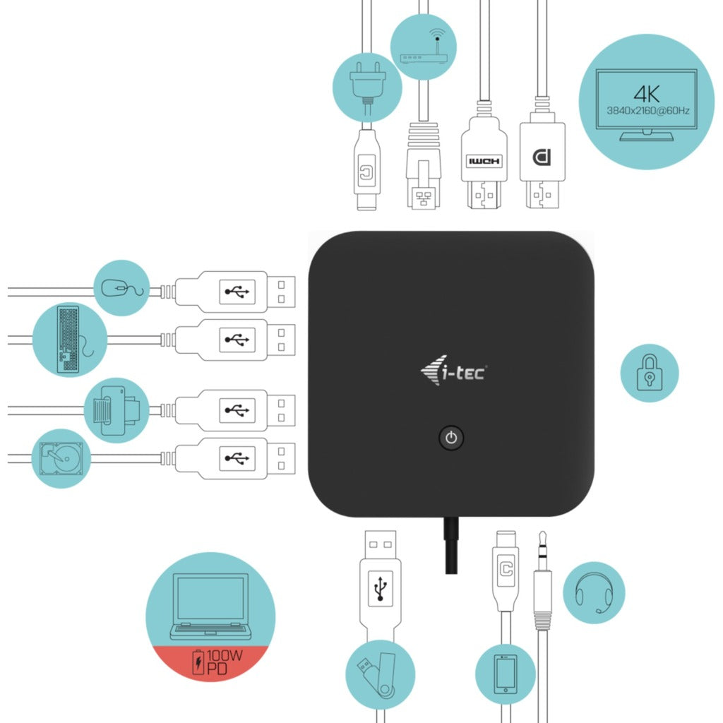 I-tec usb-c hdmi dp docking station with power delivery 65w + universal charger 77 w (zwart)