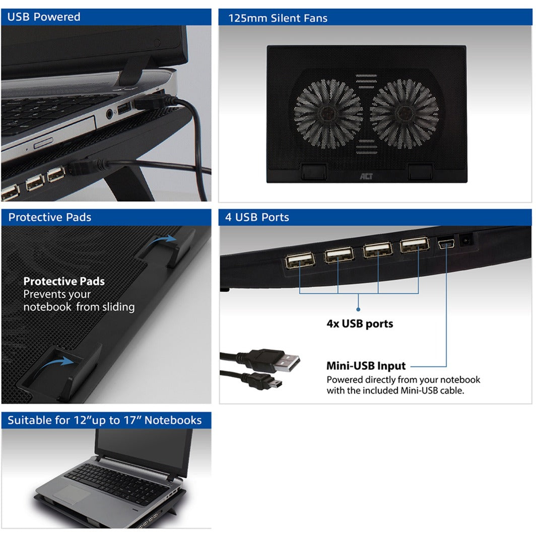 Act connectivity laptopstandaard, met ventilator, hoogte verstelbaar in 2 standen (zwart, 4-poorts usb 2.0 hub)