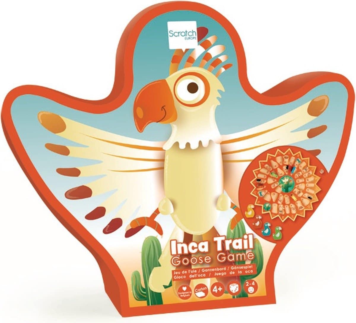 Scratch spel: inca trail ganzenbord 35x35cm, met 4 houten pionnen en 1 houten dobbelsteen, in vormendoos 28.6x24.3x6.5cm, 4+