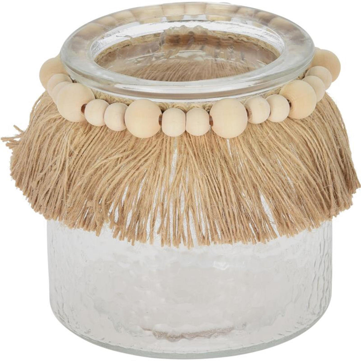 Cosydecor windlicht glas met raffia en kralen 11cm