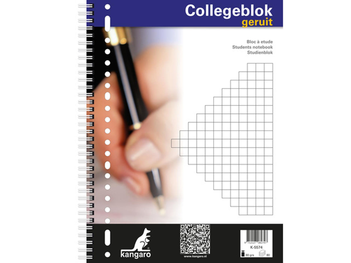 Kangaro collegeblok - a4 - met ruit 10mm - 60 grams - spiraal - 23-gaats - schrijfblok - k-5574