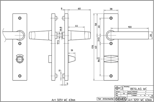 Nemef 3251 wc rs beslag kortschild rechthoekig | blok kruk-kruk | beslagset | geveerd | krukstift 8mm | f1 aluminium | wc63 | draairichting rechts - 9325122631