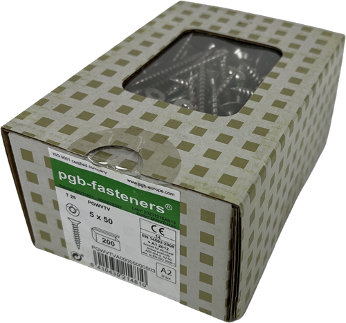 Pgb-europe pgb-fasteners universele spaanplaatschroef rvs a2 vk-t deeldraad verzonken kop ø 5,0x50 tx25 | 200 st | pgwvtva00005000503