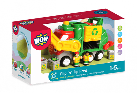 Wow toys flip 'n' tip fred - batterijloze speelgoed vuilniswagen - push go recyclingtruck met figuren containers - bpa-vrij vaatwasserbestendig speelgoed - 1-5 jaar
