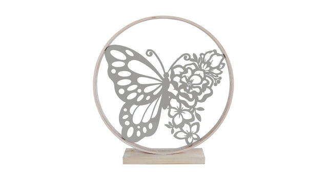 Sculptuur butterfly in ring wit metaal hout 36,5x36,5x6cm