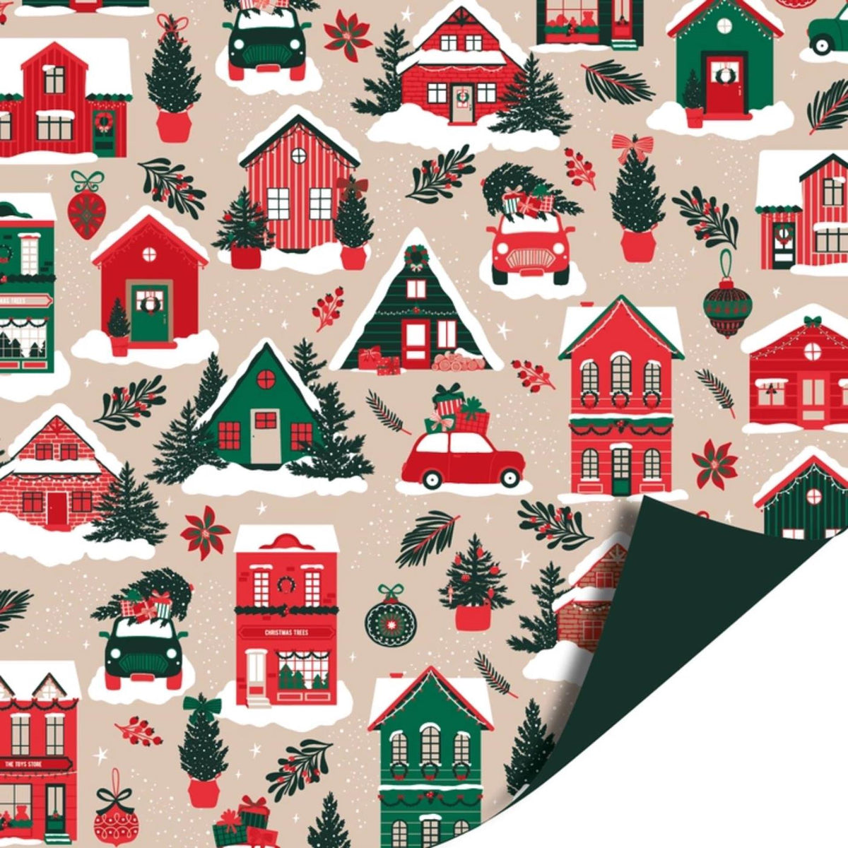 Kassaplan coated cadeaupapier dubbelzijdig 50cm 100m winter houses groen