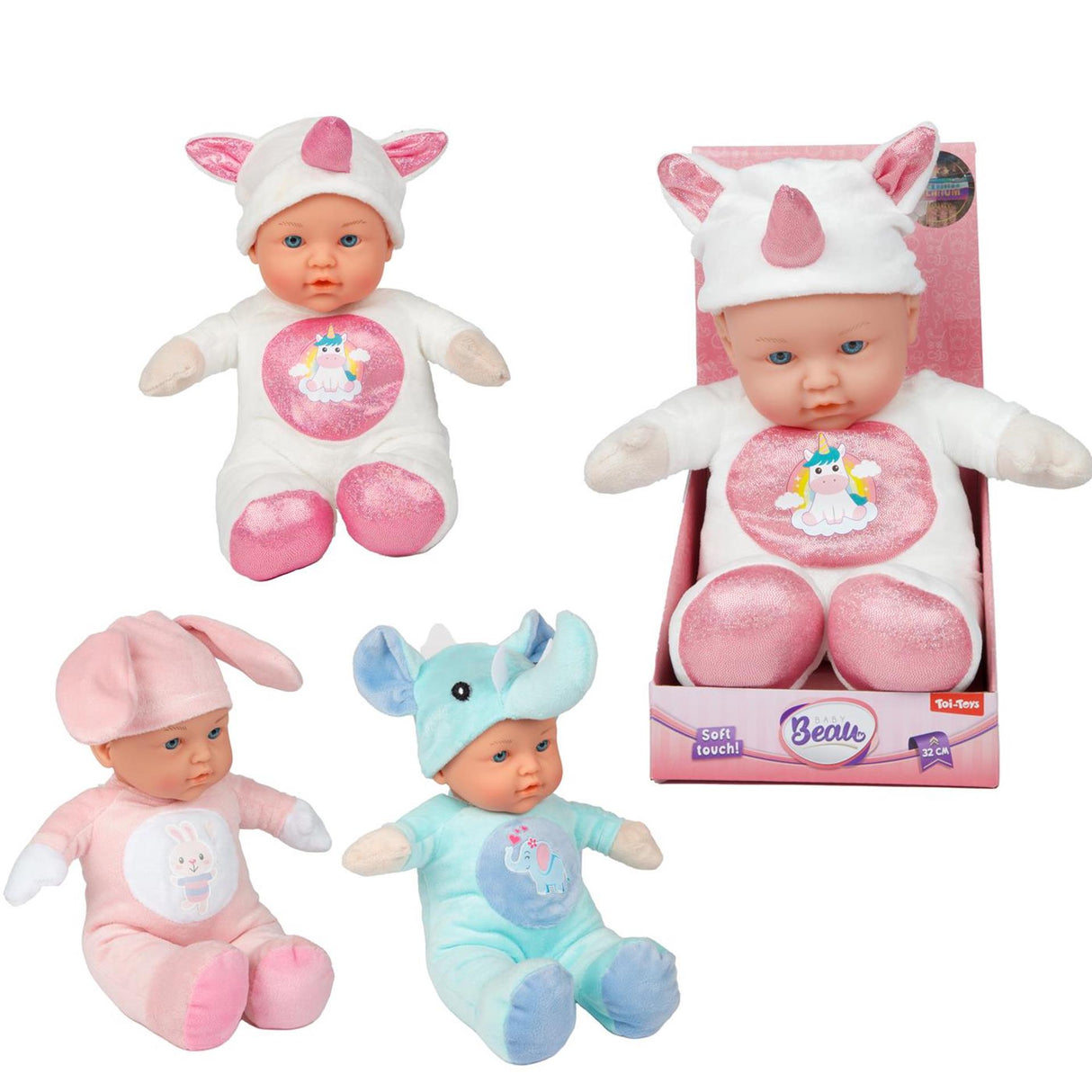 Toi-toys beau zachte babypop in dierenpakje 31cm 3 assorti