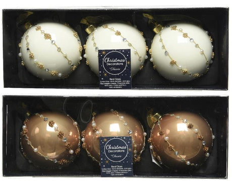 Decoris gedecoreerde kerstballenset van glas set a 3 ballen dia 8cm in kleuren wol wit of camel brown