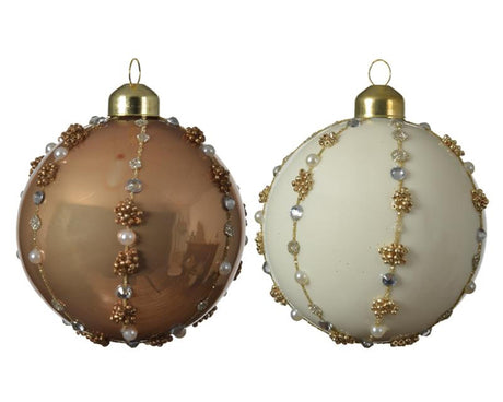Decoris gedecoreerde kerstballenset van glas set a 3 ballen dia 8cm in kleuren wol wit of camel brown
