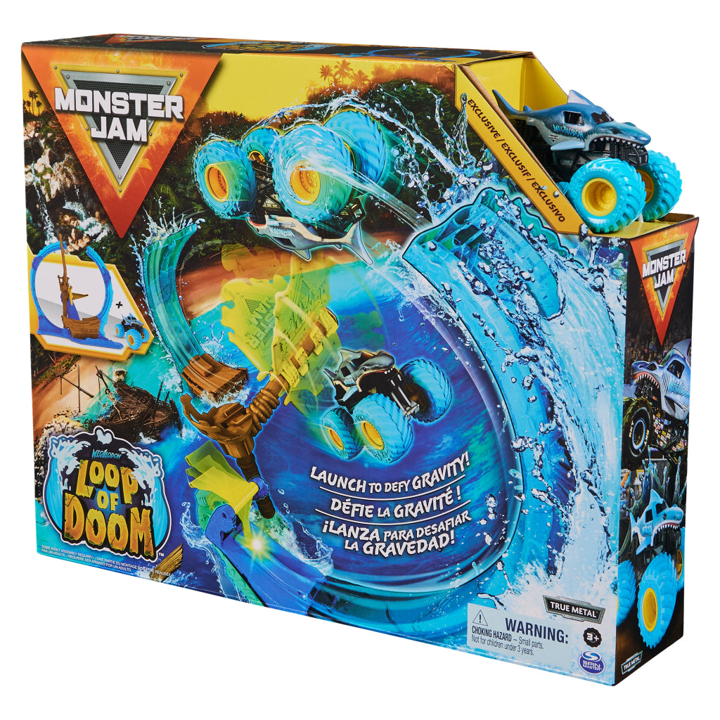 Monster Jam Megalodon Loop ali Doom Stunt Play Set