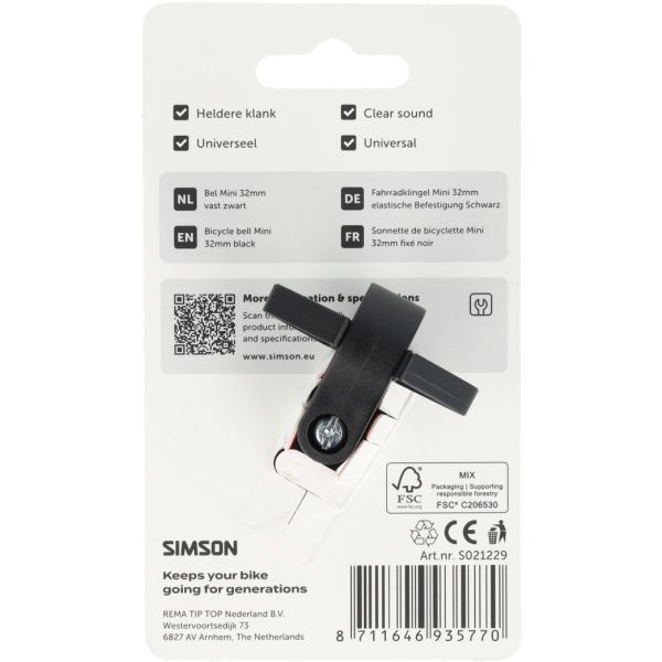 Simson fietsbel mini 32mm met vaste kunststof bevestiging - zwart