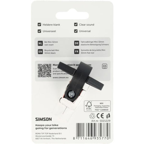 Simson fietsbel mini 32mm met vaste kunststof bevestiging - zwart