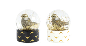 Sneeuwbol vogel s glinster goud zwart 2 assortie polystone 7x7x9,5cm