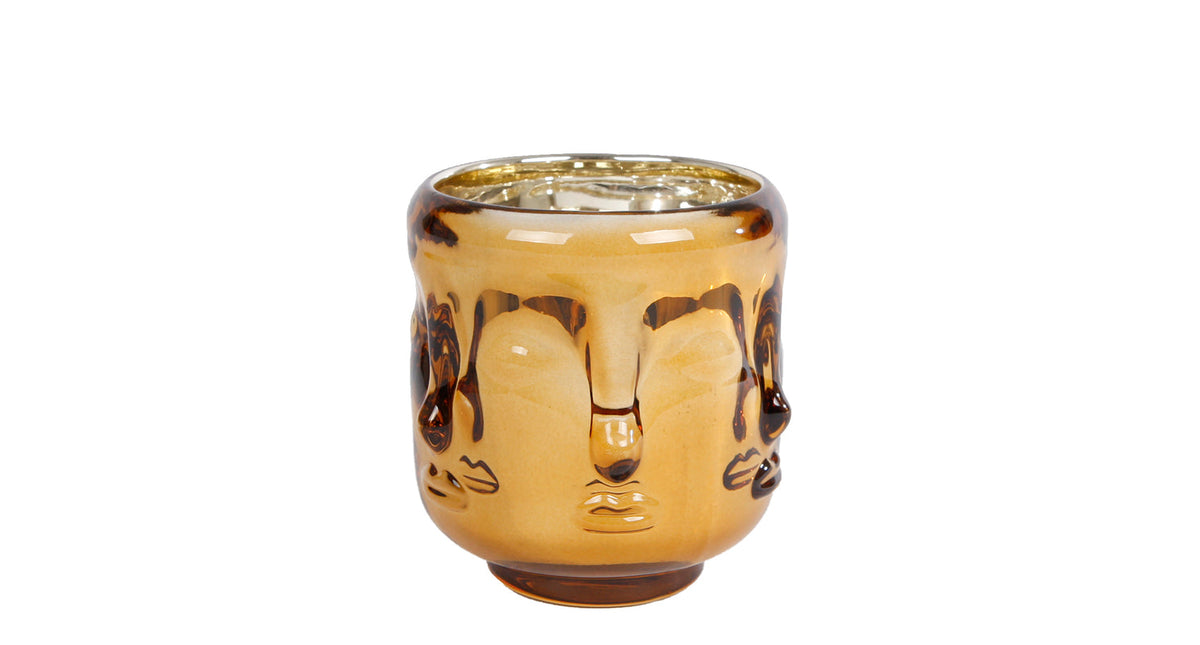 Theelichthouder faces s gold glas 8x8x8cm