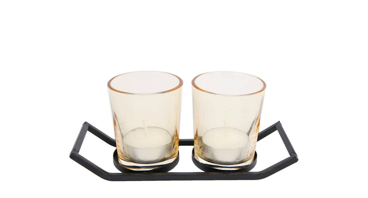 Theelichth rik 2x m zwart goud metaal glas 16,5x6,5x7cm