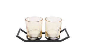 Theelichth rik 2x m zwart goud metaal glas 16,5x6,5x7cm