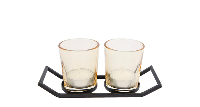 Theelichth rik 2x m zwart goud metaal glas 16,5x6,5x7cm