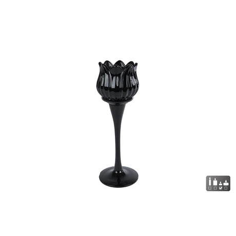 Cosydecor theelichthouder tulp zwart glas 7x7x22cm