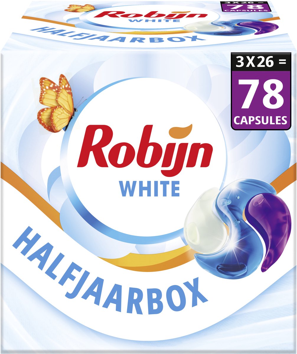 Robijn wasmiddel - 3-in-1 wascapsules - stralend wit - 3 x 26 stuks - 78 wasbeurten - voordeelverpakking