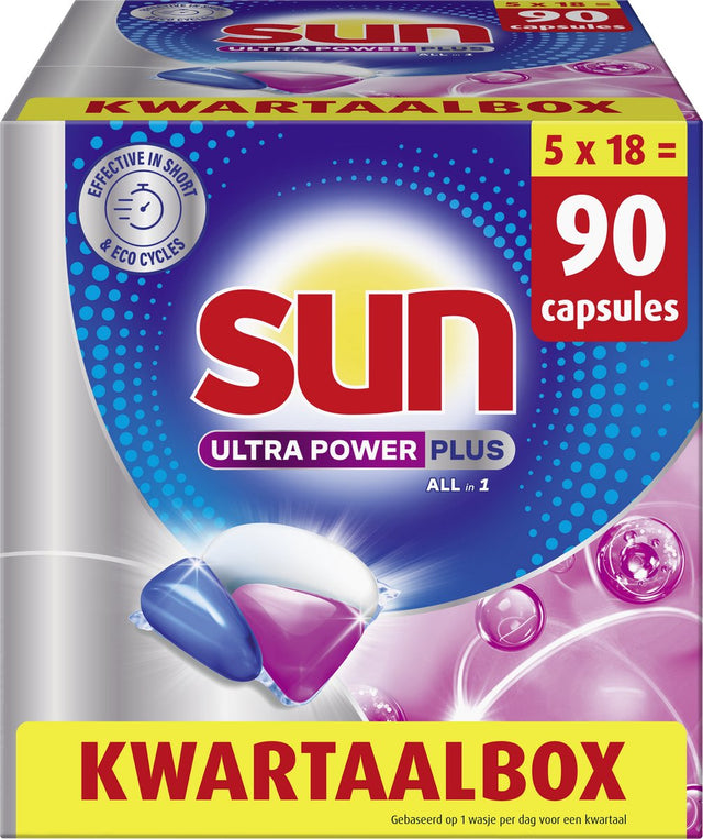 Sun - vaatwastabletten - ultra power plus - all-in 1 - 90 capsules - kwartaalbox