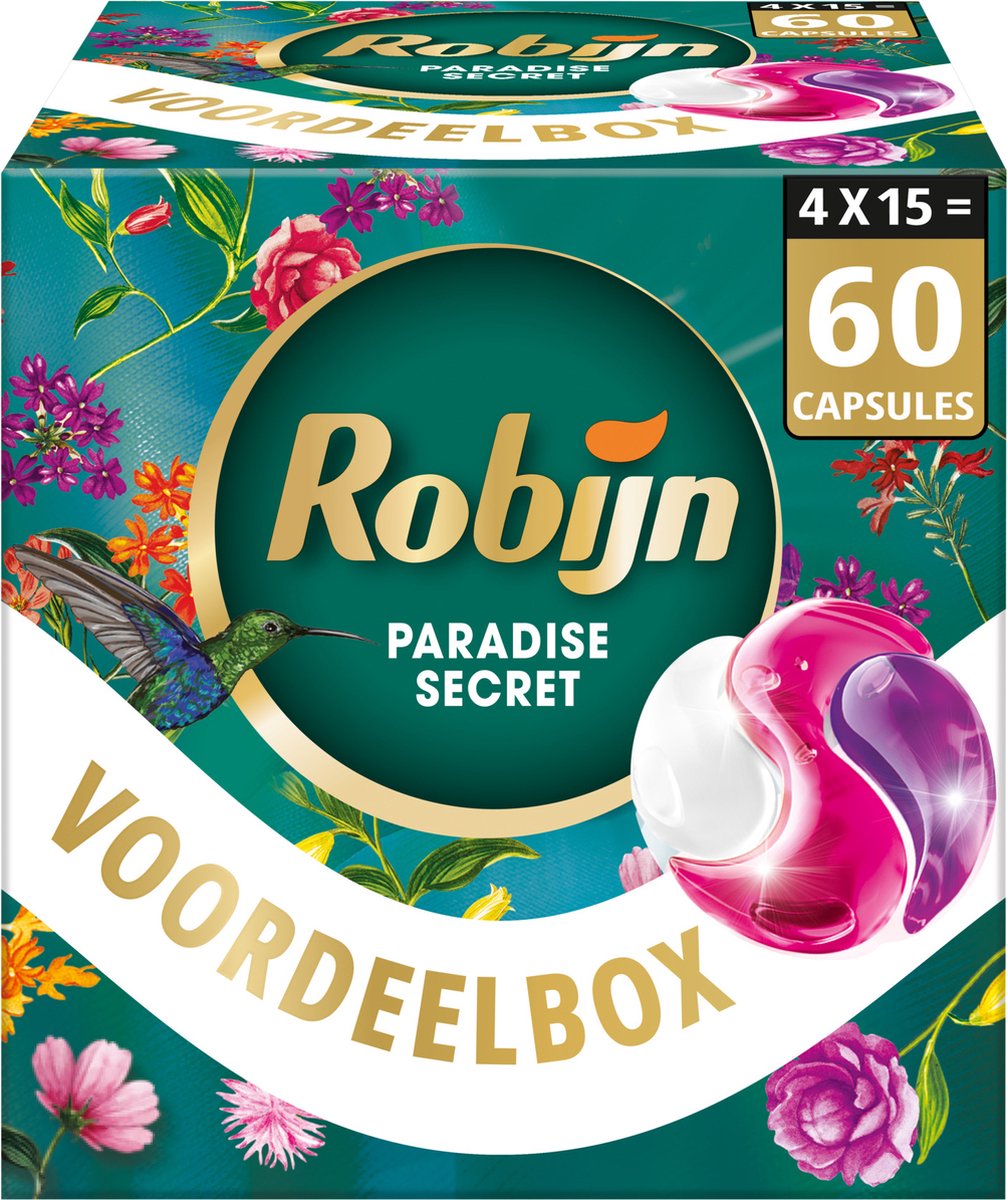 Robijn wasmiddel - 3-in-1 wascapsules - color paradise secret - 4 x 15 stuks - 60 wasbeurten - voordeelverpakking