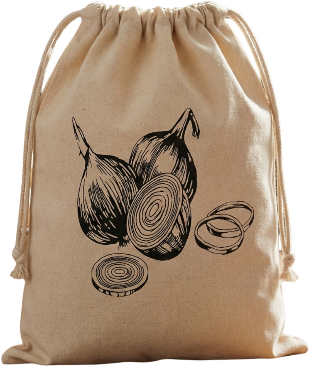 Alpina onion bag opbergzak voor uien - gemaakt van katoen - voorzien van handgreep - met printopdruk - houdt uien langer vers en fris - afmeting 32 x 32 cm - kleur beige