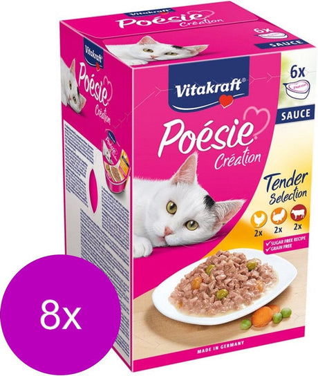 Vitakraft poésie multipack saus - natvoer -8 verpakkingen 6x85 gram - met kip groente in saus, rund wortel in saus en kalkoen in kaassaus
