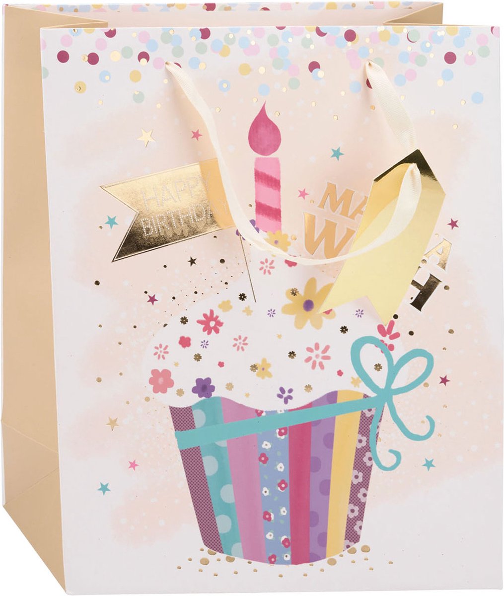 Edco bv cadeautasje verjaardag - papieren gift bag met stevige lintgreep - 4 verschillende vrolijke verjaardagsprints voor cadeaus - afmeting 32 x 26 x 12 cm - kleur meerkleurig