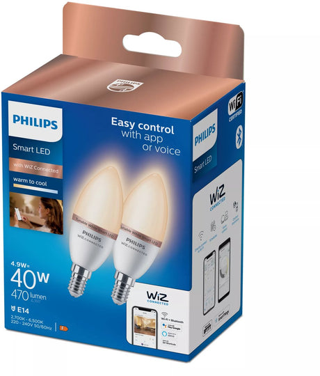 Philips smart lighting philips smart led kaarslamp 2-pack - slimme led-verlichting - warm- tot koelwit licht - e14 - 40w - mat - wi-fi