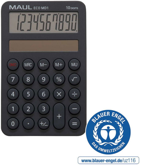 Maul zakrekenmachine eco md 1 lcd-scherm 1-regelig, 10 cijfers solar 12 x 7.6 x 1.2 cm grijs