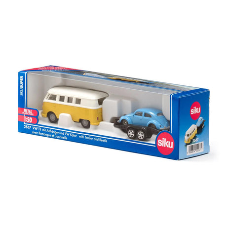 Siku 2567, vw t1 samba met transportwagen en vw kever, 1:50, metaal kunststof, veelkleurig, kantelbare laadvloer