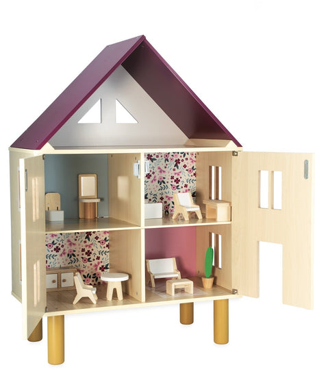 Janod twist - doll's house - houten poppenhuis met drie verdiepingen - geleverd met 11 meubels om het huis in te richten - geschikt vanaf 3 jaar