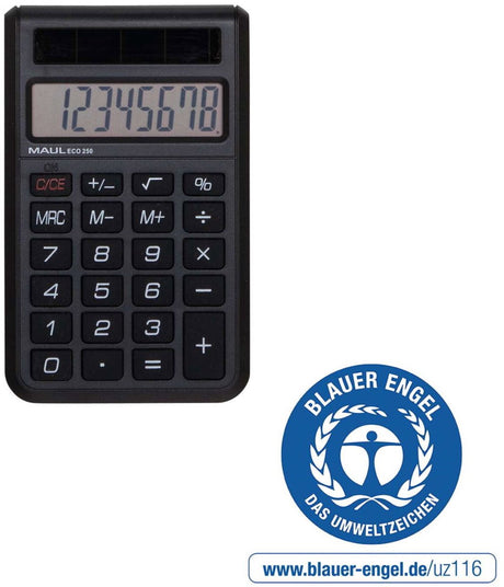 Maul zakrekenmachine eco 250 lcd-scherm 1-regelig, 8 cijfers solar 9.8 x 6 x 1.2 cm zwart