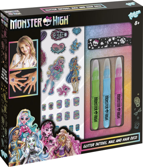 Totum monster high nagel-, haar- en glittertattoo set - met 3 kleuren haarkrijt - knutselen - voor meisjes - vanaf 8 jaar - speelgoed kinderen -
