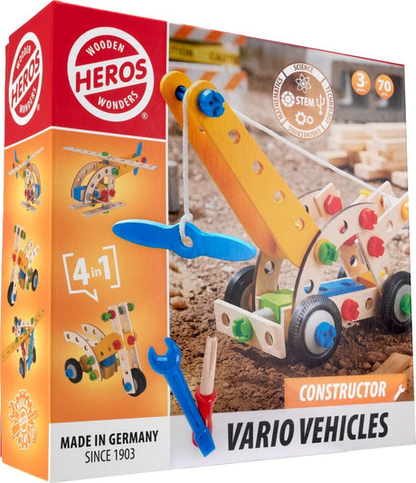 Heros constructor voertuigen – constructiespeelgoed – 4-in-1 – 70 onderdelen – bouw kraanwagen, helikopter, vliegtuig en driewieler – houten bouwset – fsc hout – gemaakt in duitsland – vanaf 3 jaar