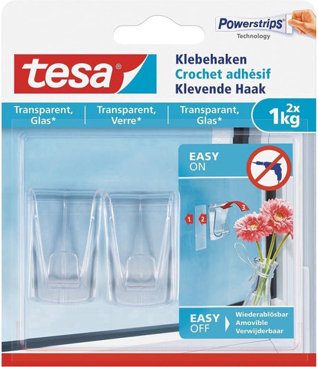 Tesa powerstrips ophang haken - 2x - transaparant - kunststof - 1 kg - voor tegels en glas