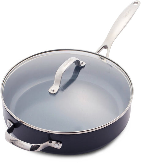 Greenpan valencia pro aluminium hapjespan 28cm met deksel - 4.2l - pfas-vrije antikleeflaag - hapjespan inductie - keramische antiaanbaklaag - ovenbestendig tot 220°c - rvs handgrepen - grijs