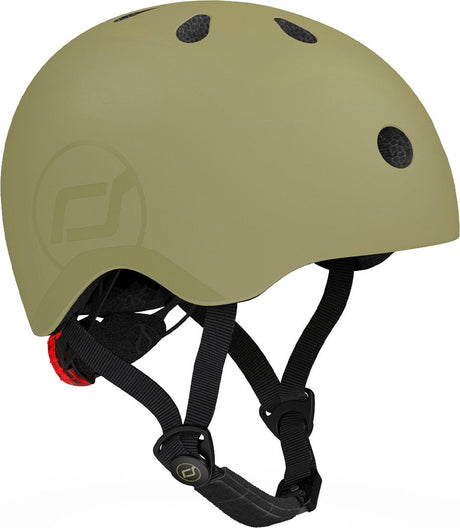Scoot ride helmet – kinderhelm – s 51-55 cm – led achterlicht – magnetische sluiting – verstelbaar – olive s m