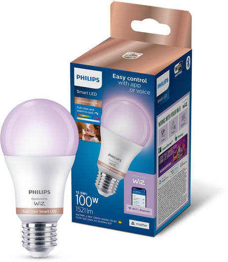 Philips smart lighting - led-lamp - e27 fitting - rgb - gekleurd en instelbaar wit licht - dimbaar - 100w - standaard lampvorm: a60 - wifi