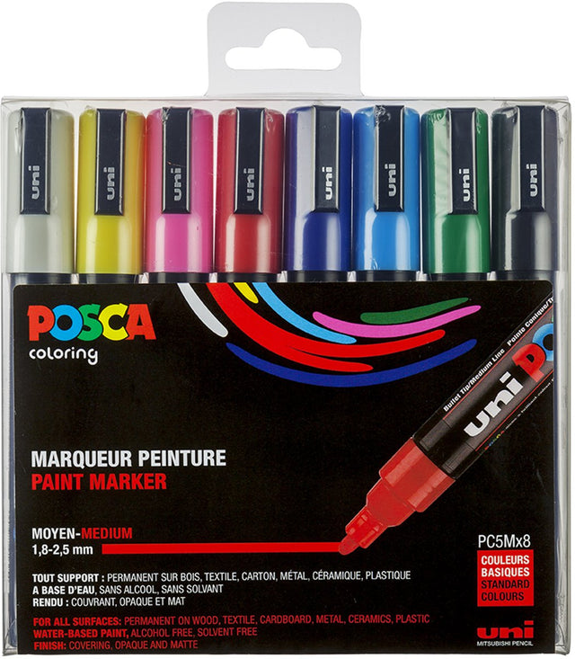 Uni posca posca paintmarker pc-5m - 1,8 - 2,5 mm - uni mitsubishi pencil - etui van 8 stuks in basiskleuren