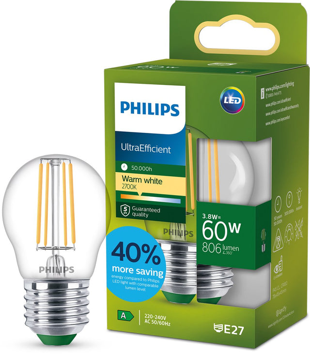 Philips led philips ultraefficient led lamp - 25w - e14 fitting - warmwit licht: 2700k - mat glas - p45 kogellamp - lange levensduur