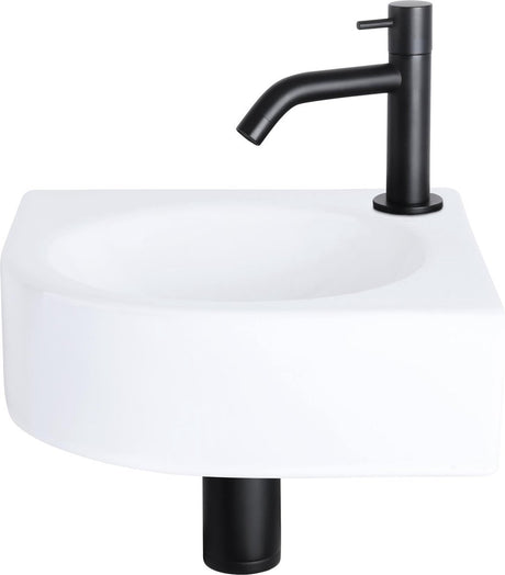 Differnz cleo fonteinset – fonteinset toilet 30x30x10 cm – wasbak keramiek wit – wastafel met mat zwarte fonteinkraan – gebogen kraan met standaard greep voor badkamer
