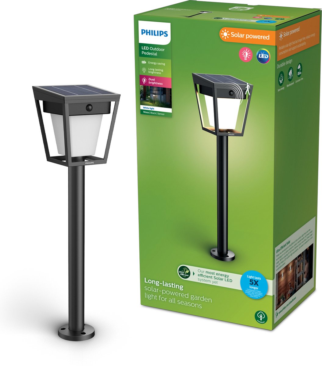 Philips led philips nissa sokkellamp -ultraefficient led - solar buitenlamp -helder warm licht; 3000k - zwart - bewegingssensor - schemersensor - tuinpadverlichting - zonne-energie