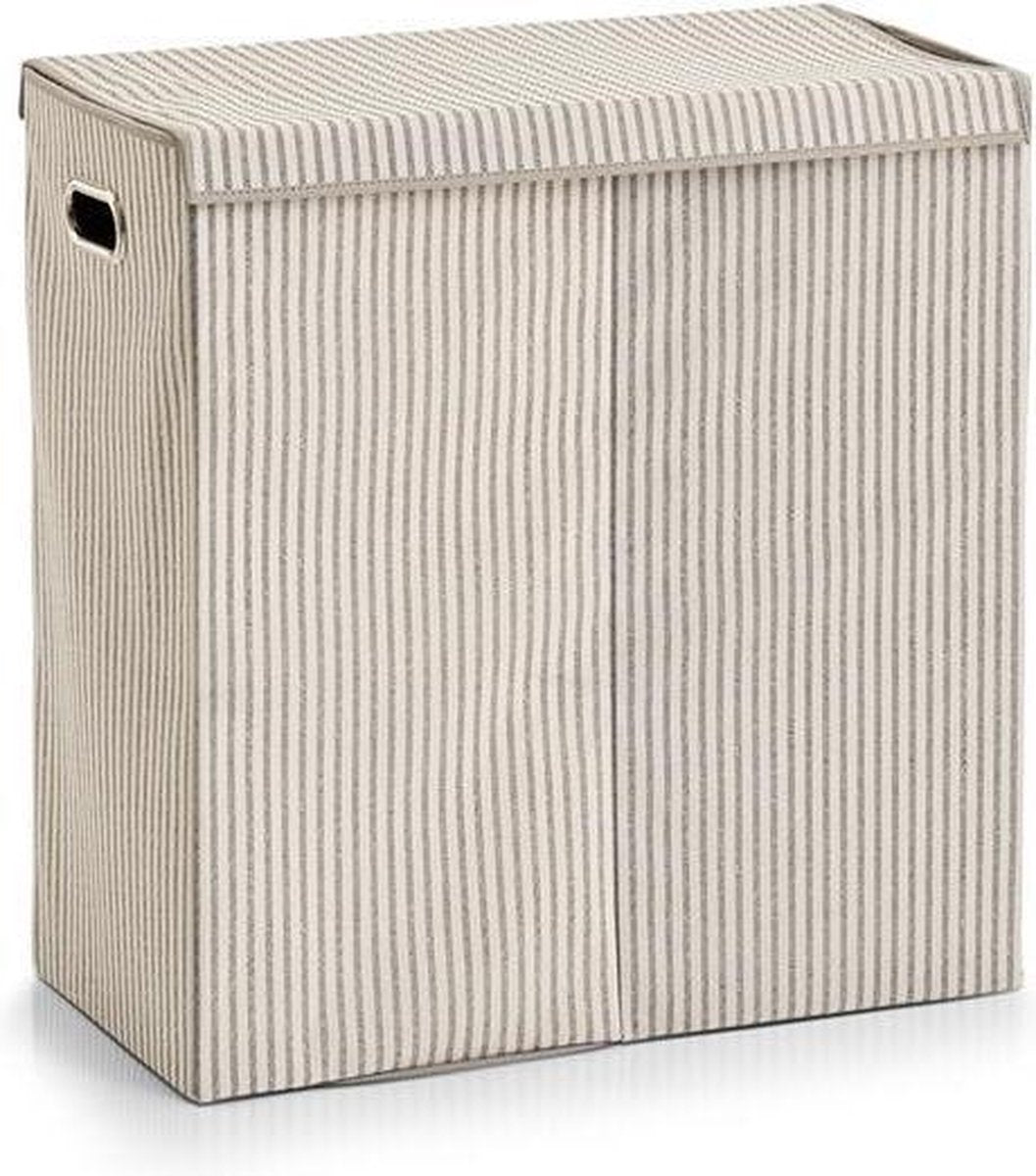 Zeller gestreepte wasmand 2-vaks 120 liter present - beige - met deksel