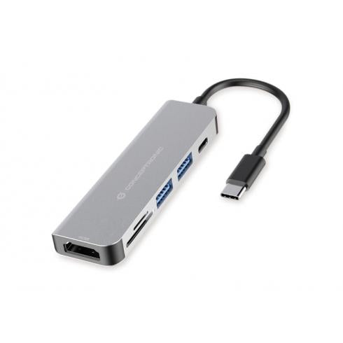 Conceptronic conceptronic donn02g 6-in-1 multifunctional usb hub adapte, usb 3.2 gen 1 type-c, hdmi, 5 gbps, alu