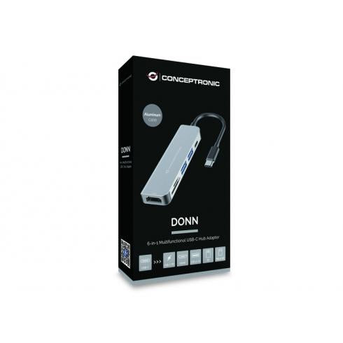 Concepttronic Donn02G 6-w-1 wielofunkcyjny adapte piasty USB, USB 3,2 Gen 1 Type-C, HDMI, 5 Gbps, ALU